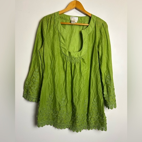 VTG Y2k Max Studio Specialty Tunic Top Blouse M Green Embroidery Hem Boho - Picture 1 of 14